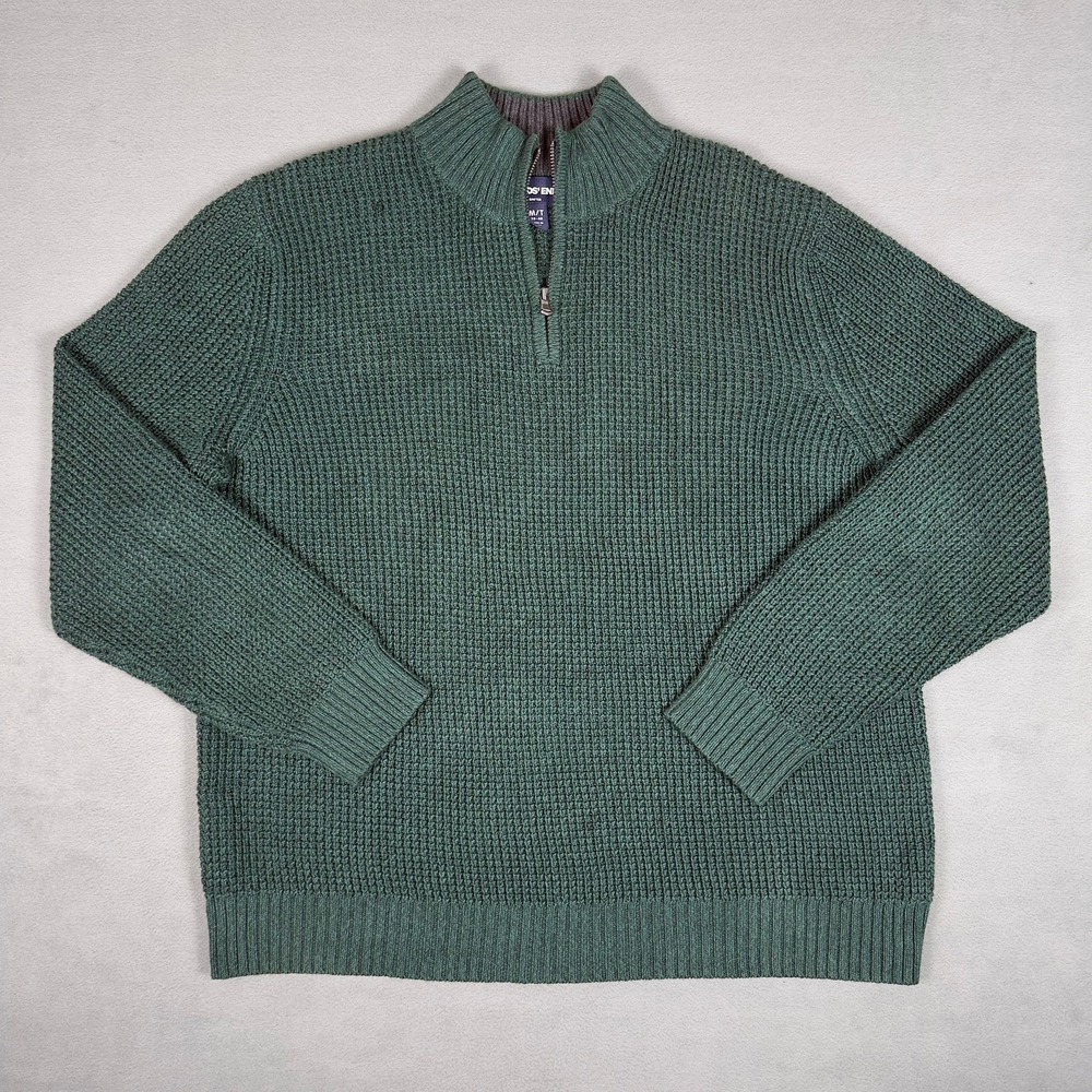 Lands End Drifter Mens M Tall Hunter Green Waffle Knit Quarter Zip